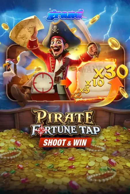 The vibrant, action-packed interface of Pirate Fortune Tap showing the cannon-shooting mechanic on a pirate ship deck.